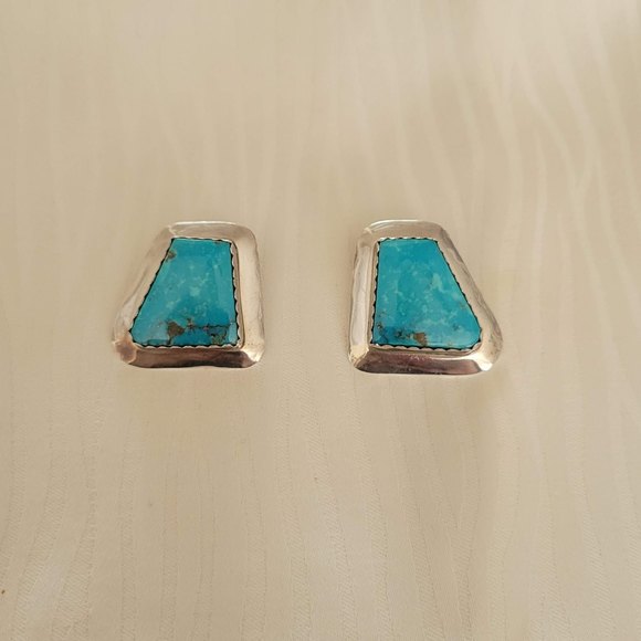 New Mexico Turquoise Earrings In Sterling Silver - Picture 1 of 8